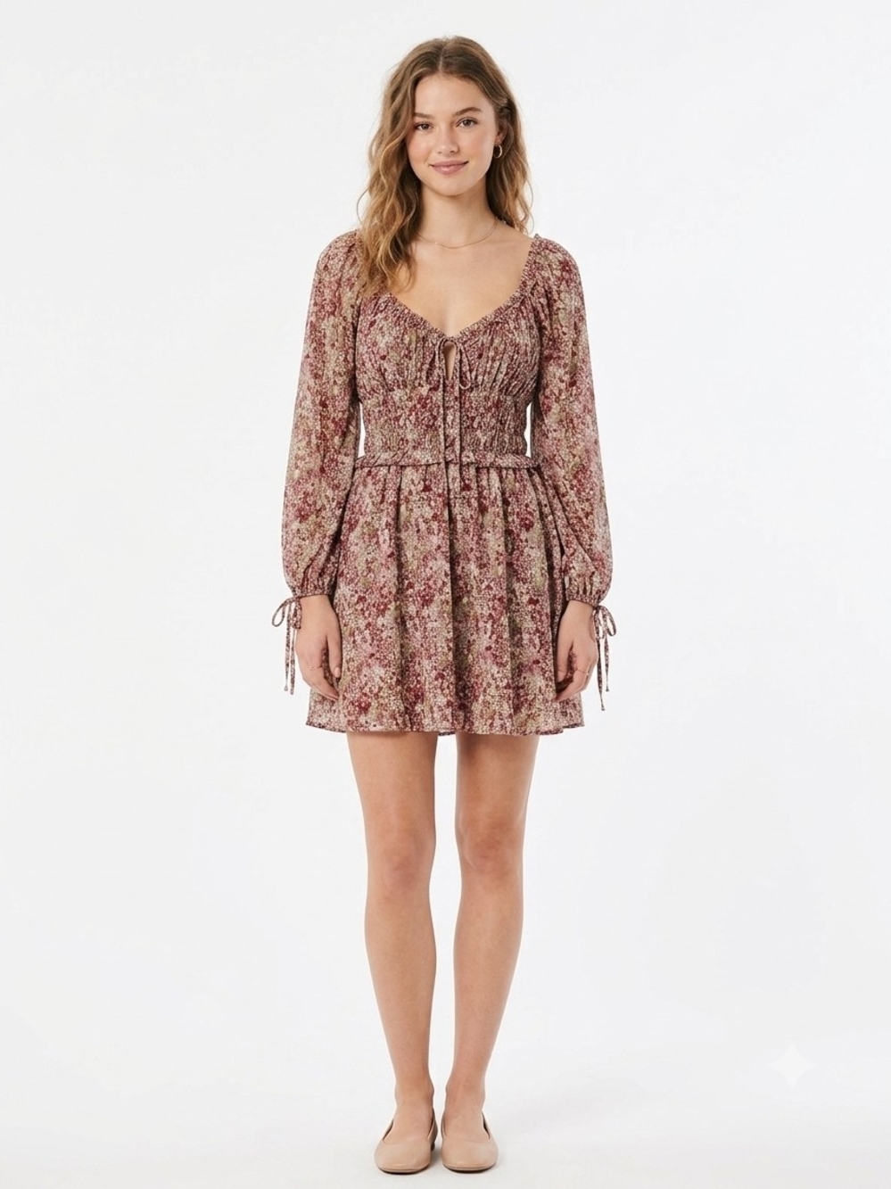 Smocked Tie-Front Floral Mini Dress - Rose Taupe